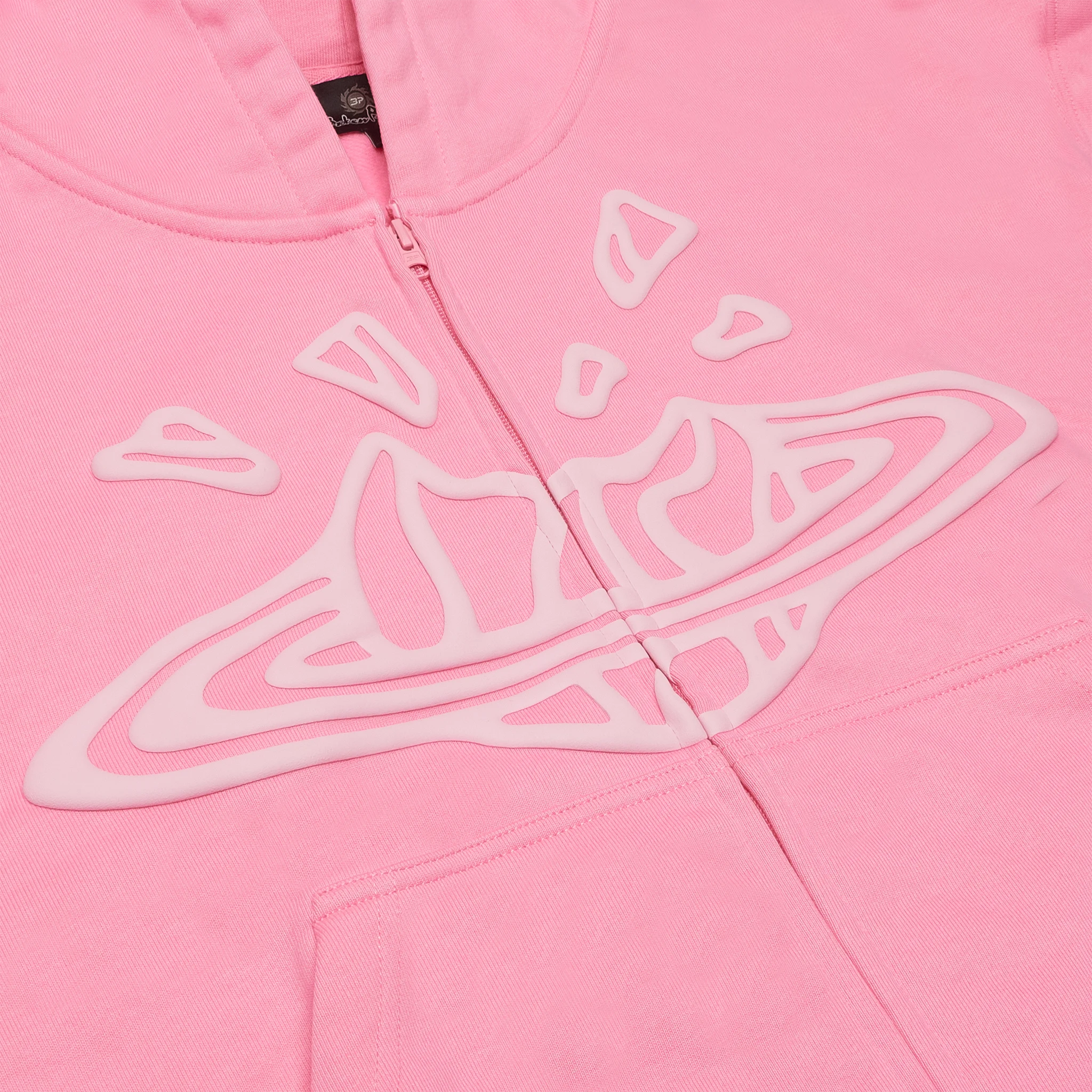 Front detail view of Broken Planet Candy Pink Zip-Up Hoodie